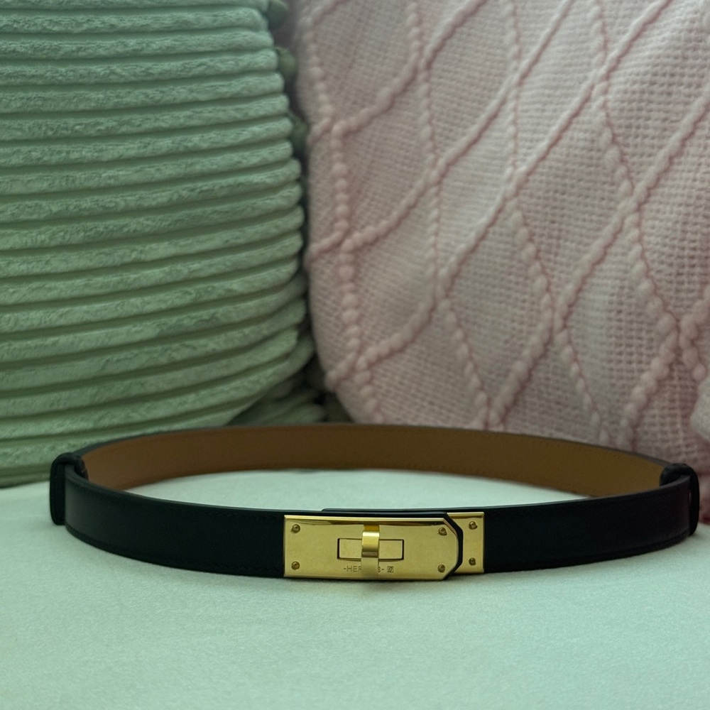 Hermes Kelly Black Leather Belt with Gold Turn-Lock